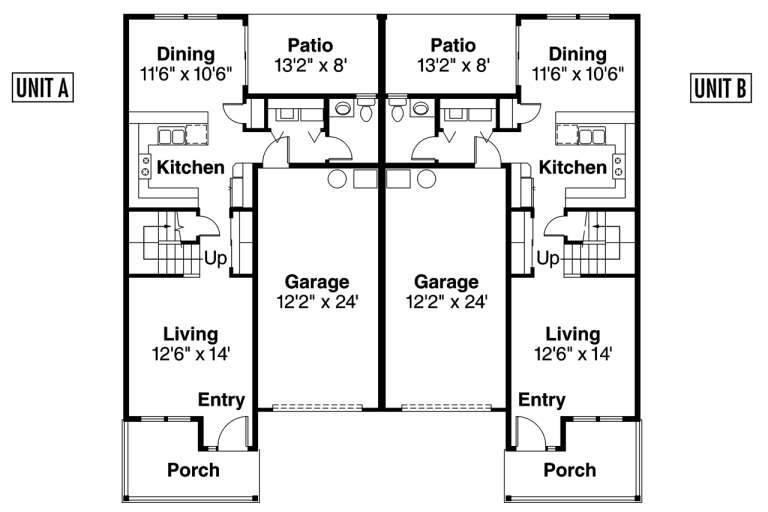 Main Floor: Duplex, each unit has 1 BA, Living, Kitchen, Dining, 1-car garage, stairs, porch, patio. Unheated: garage/patio. House Plan # 035-01245 Main Floor Floor Plan Drawing by America's Best House Plans, Inc.