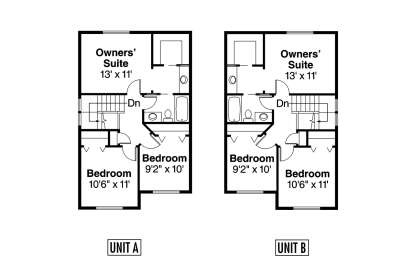 Second Floor: 3BR, 2BA per unit. Owners' Suite with WIC, 2 additional BRs, shared BA, stairs. Duplex layout. House Plan # 035-01245 Second Floor Floor Plan Drawing by America's Best House Plans, Inc.