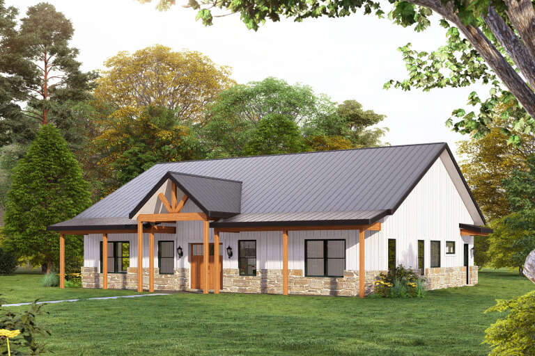 White Modern Farmhouse, Angled Front Elevation, board-and-batten siding, stone base, timber porch, metal roof, greenery. House Plan # 3822-00032 Digital Rendering by America's Best House Plans, Inc.