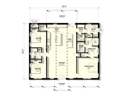 Main Floor: 3BR, 2.5BA, Vaulted Living/Dining/Kitchen, Pantry, Ldry, WICs, Cov'd Patio, Cov'd Porch, 9' ceilings throughout. House Plan # 3822-00032 Main Floor  Floor Plan Drawing by America's Best House Plans, Inc.