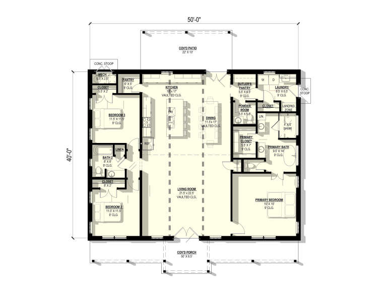 Main Floor: 3BR, 2.5BA, Vaulted Living/Dining/Kitchen, Pantry, Ldry, WICs, Cov'd Patio, Cov'd Porch, 9' ceilings throughout. House Plan # 3822-00032 Main Floor  Floor Plan Drawing by America's Best House Plans, Inc.