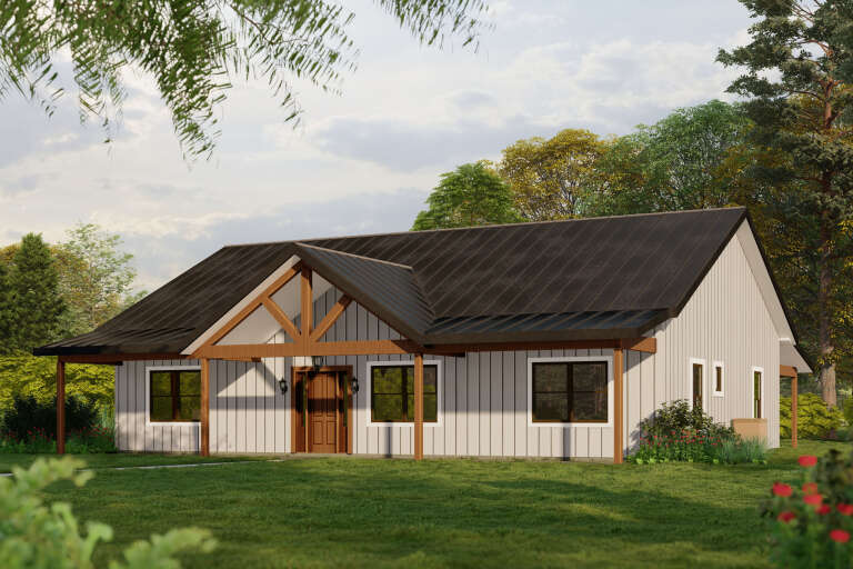 White Modern Farmhouse, Angled Front Elevation, board-and-batten siding, dark metal roof, timber trusses, wood front door. House Plan # 3822-00033 Digital Rendering by America's Best House Plans, Inc.