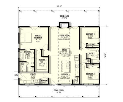 Main Floor: 3BR, 2BA, Vaulted Living/Dining/Kitchen, Pantry, Ldry, WIC, Cov'd Patio & Porch, Fireplace, 9' ceilings. House Plan # 3822-00033 Main Floor  Floor Plan Drawing by America's Best House Plans, Inc.