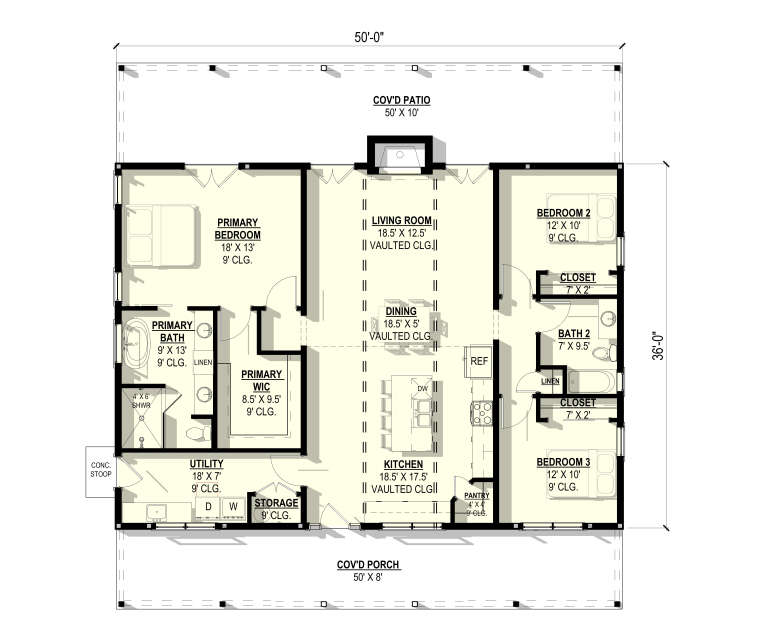 Main Floor: 3BR, 2BA, Vaulted Living/Dining/Kitchen, Pantry, Ldry, WIC, Cov'd Patio & Porch, Fireplace, 9' ceilings. House Plan # 3822-00033 Main Floor  Floor Plan Drawing by America's Best House Plans, Inc.