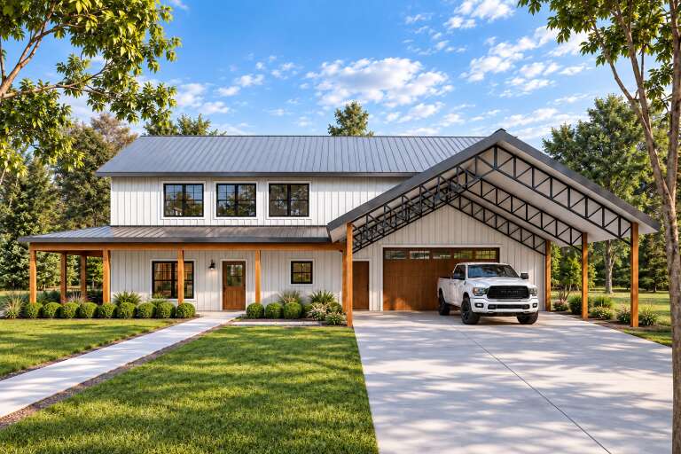 White Barndominium, Front Elevation with metal roof, wood posts, truss carport, board-and-batten siding, and landscaping. House Plan # 3822-00034 Digital Rendering by America's Best House Plans, Inc.