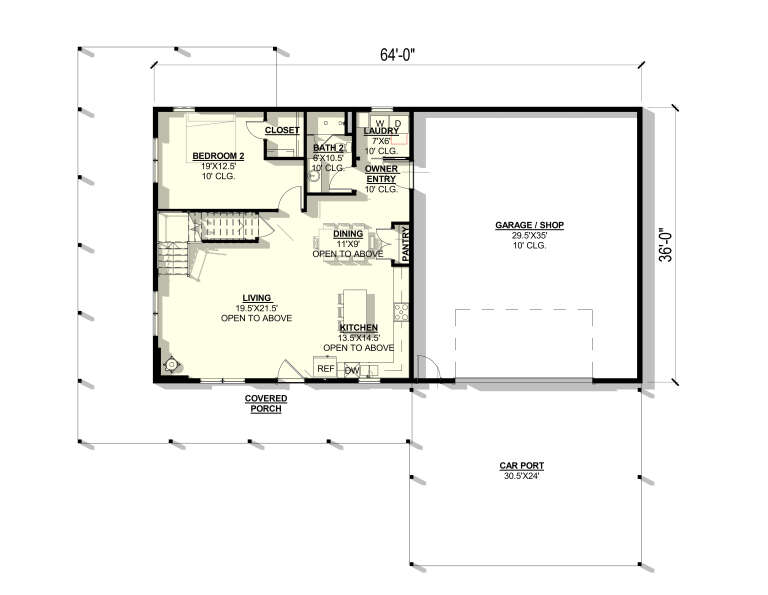 Main Floor: 1BR, 1BA, Living, Dining, Kitchen, Pantry, Ldry, Owner Entry, 10' clgs, stairs, covered porch, garage, carport. House Plan # 3822-00034 Main Floor  Floor Plan Drawing by America's Best House Plans, Inc.