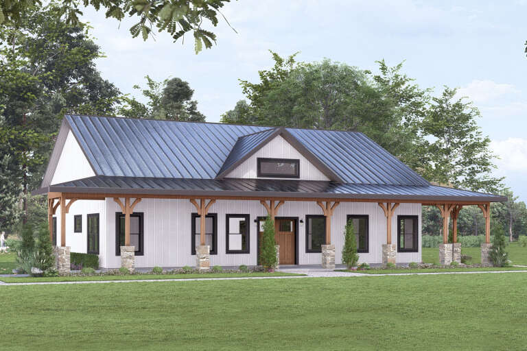 White Modern Farmhouse, Angled Front Elevation, board-and-batten siding, metal roof, stone pillars, wooden porch brackets. House Plan # 3822-00035 Digital Rendering by America's Best House Plans, Inc.