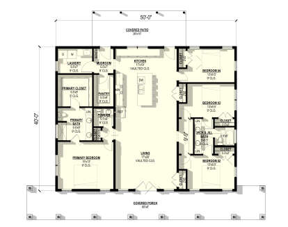 Main Floor: 4BR, 2.5BA, Vaulted Living/Kitchen, Pantry, Ldry, Mudroom, WICs, Jack & Jill Bath, Covered Porch & Patio. House Plan # 3822-00035 Main Floor  Floor Plan Drawing by America's Best House Plans, Inc.