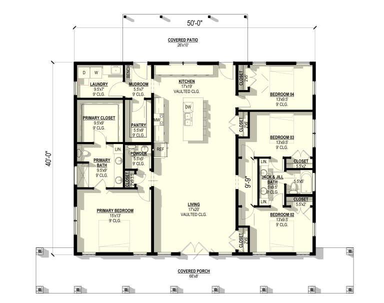 Main Floor: 4BR, 2.5BA, Vaulted Living/Kitchen, Pantry, Ldry, Mudroom, WICs, Jack & Jill Bath, Covered Porch & Patio. House Plan # 3822-00035 Main Floor  Floor Plan Drawing by America's Best House Plans, Inc.