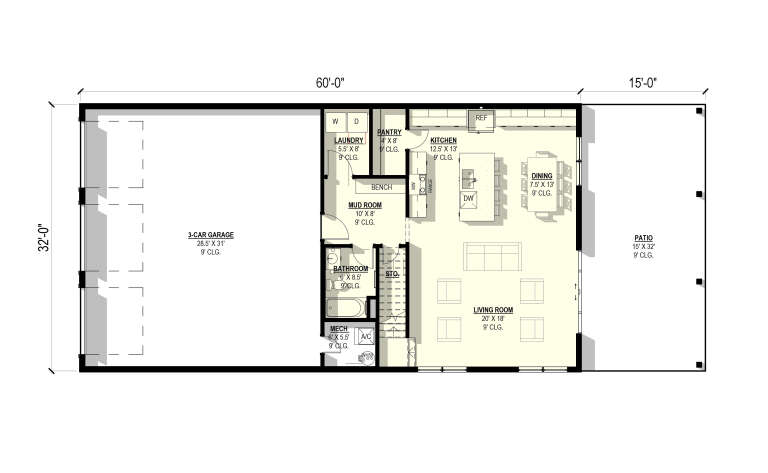 Main Floor: 1BA, Living, Kitchen, Dining, Ldry, Mud, Pantry, 3-car garage, Patio, stairs. 9' ceilings. Unheated: garage/patio. House Plan # 3822-00036 Main Floor  Floor Plan Drawing by America's Best House Plans, Inc.