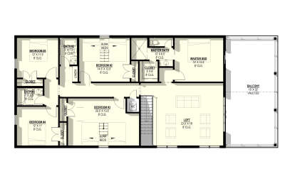 Second Floor: 5BR, 3BA, Loft, stairs, vaulted balcony. Closets, linen closet, A/C closet. 8' ceilings throughout. House Plan # 3822-00036 Second Floor Floor Plan Drawing by America's Best House Plans, Inc.