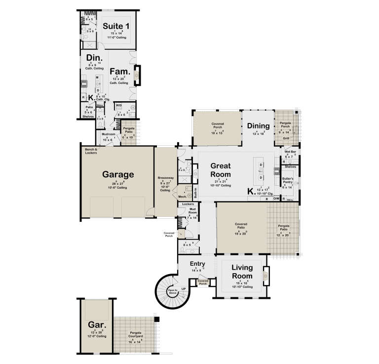 Main Floor: 1BR, 2BA, Great Room, Kitchen, Dining, Living, Mudrooms, 2 Garages, Breezeway, Porches, Patios, Pergolas, Stairs. House Plan # 963-01336 Main Floor  Floor Plan Drawing by America's Best House Plans, Inc.
