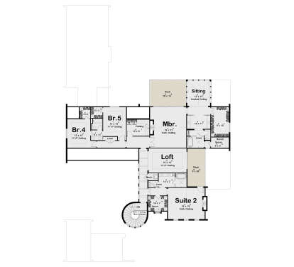 Second Floor: 3BR, 3BA, Loft, Sitting, Sauna, Ldry, 2 Decks, WIC, Cath/Vaulted ceilings, spiral stairs. Unheated: Decks. House Plan # 963-01336 Second Floor Floor Plan Drawing by America's Best House Plans, Inc.
