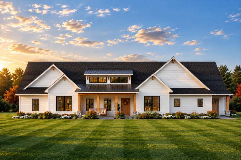 White Modern Farmhouse, Front Elevation with lap siding, metal roof accents, wood porch posts, and lush landscaping. House Plan # 5032-00491 Digital Rendering by America's Best House Plans, Inc.
