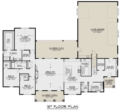 Main Floor: 3BR, 2.5BA, Office, Great Rm, Kitchen, Dining, Ldry, Mud Rm, 3-car garage, 2 Porches, Patio, WIC, Cathedral Clg. House Plan # 5032-00491 Main Floor  Floor Plan Drawing by America's Best House Plans, Inc.