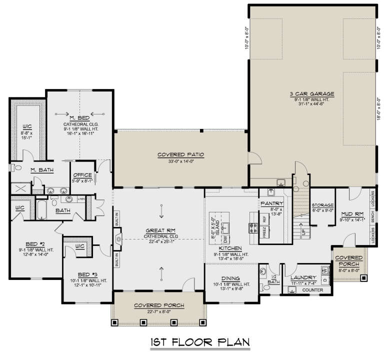 Main Floor: 3BR, 2.5BA, Office, Great Rm, Kitchen, Dining, Ldry, Mud Rm, 3-car garage, 2 Porches, Patio, WIC, Cathedral Clg. House Plan # 5032-00491 Main Floor  Floor Plan Drawing by America's Best House Plans, Inc.