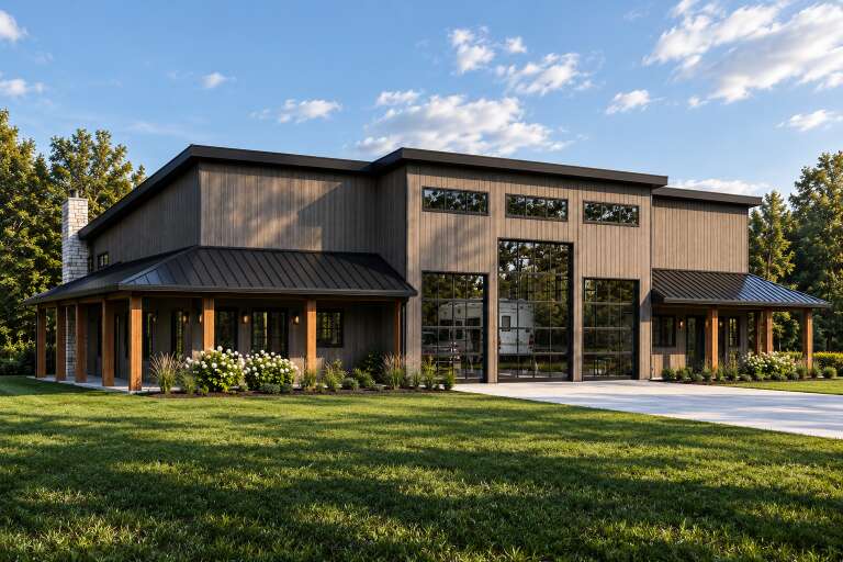 Grey Barndominium, Angled Front Elevation, vertical wood siding, black metal roof, glass garage doors, stone chimney. House Plan # 5032-00492 Digital Rendering by America's Best House Plans, Inc.