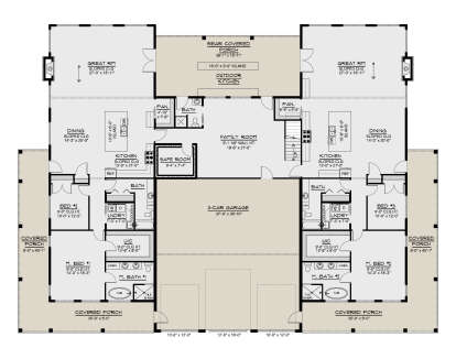 Main Floor: 4BR, 4BA, 2 Kitchens, 2 Dining, 2 Great Rms, Family, Safe Rm, 3-car garage, 2 Ldry, 2 WIC, 4 Porches, Stairs. House Plan # 5032-00492 Main Floor  Floor Plan Drawing by America's Best House Plans, Inc.