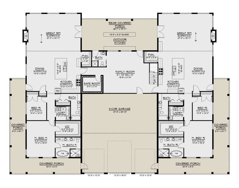 Main Floor: 4BR, 4BA, 2 Kitchens, 2 Dining, 2 Great Rms, Family, Safe Rm, 3-car garage, 2 Ldry, 2 WIC, 4 Porches, Stairs. House Plan # 5032-00492 Main Floor  Floor Plan Drawing by America's Best House Plans, Inc.