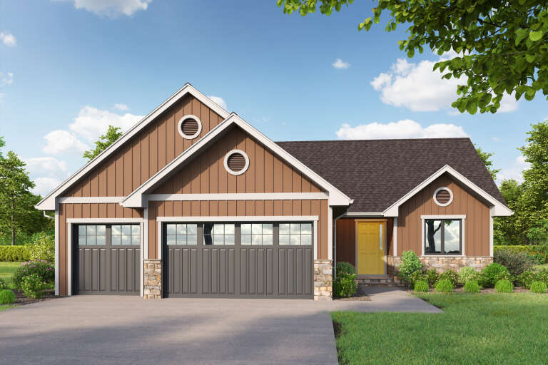Brown Craftsman, Angled Front Elevation, board-and-batten siding, stone base, yellow door, dark garage, lush landscaping. House Plan # 5631-00351 Digital Rendering by America's Best House Plans, Inc.