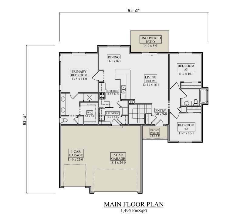 Main Floor: 3BR, 2BA, Living, Dining, Kitchen, Ldry, 3-car garage, WIC, stairs, front porch, uncovered patio. 1495 FinSqFt. House Plan # 5631-00351 Main Floor  Floor Plan Drawing by America's Best House Plans, Inc.
