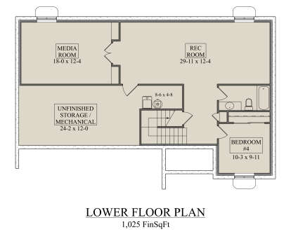 Basement: 1 BR, 1 BA, Media Room, Rec Room, Ldry, stairs, Unfinished Storage/Mechanical area. 1,025 heated sq ft. House Plan # 5631-00351 Basement Floor Plan Drawing by America's Best House Plans, Inc.