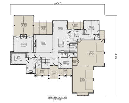 Main Floor: 2BR, 2.5BA, Great Rm, Kitchen, Dining, Office, Mud, Pantry, Elevator, Stairs, 4-car garage, 3 Patios, 3 Porches. House Plan # 5631-00352 Main Floor Floor Plan Drawing by America's Best House Plans, Inc.