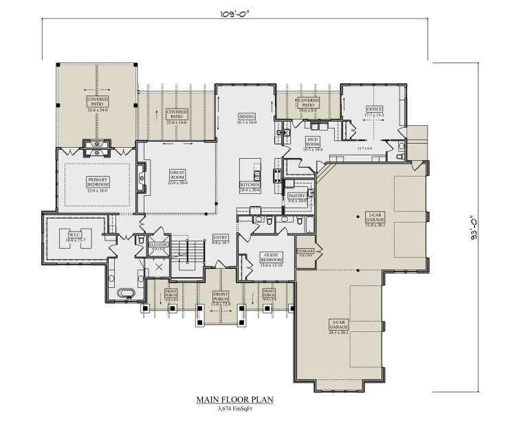 Main Floor: 2BR, 2.5BA, Great Rm, Kitchen, Dining, Office, Mud, Pantry, Elevator, Stairs, 4-car garage, 3 Patios, 3 Porches. House Plan # 5631-00352 Main Floor Floor Plan Drawing by America's Best House Plans, Inc.