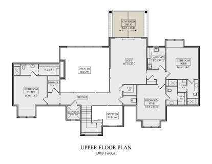 Second Floor: 3BR, 3BA, Loft, Ldry, Storage, Elevator, Stairs, Bridge, Covered Deck, 2 Open-to-below areas. House Plan # 5631-00352 Second Floor Floor Plan Drawing by America's Best House Plans, Inc.