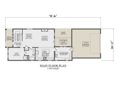 Main Floor: 1 Bed, 1 Bath, Den, Kitchen, Dining, Living, Mudroom, 2-car garage, stairs, front porch, patio, covered patio. House Plan # 5631-00353 Main Floor Floor Plan Drawing by America's Best House Plans, Inc.