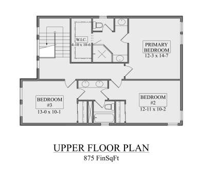Second Floor: 3 Bed, 2 Bath, Primary WIC, stairs. 875 heated sq ft. House Plan # 5631-00353 Second Floor Floor Plan Drawing by America's Best House Plans, Inc.