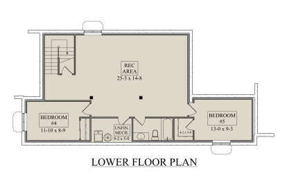 Basement: 2BR, 1BA, Rec Area, stairs, Unfin. Mech. room. Unheated: Mech. area. House Plan # 5631-00353 Basement Floor Plan Drawing by America's Best House Plans, Inc.