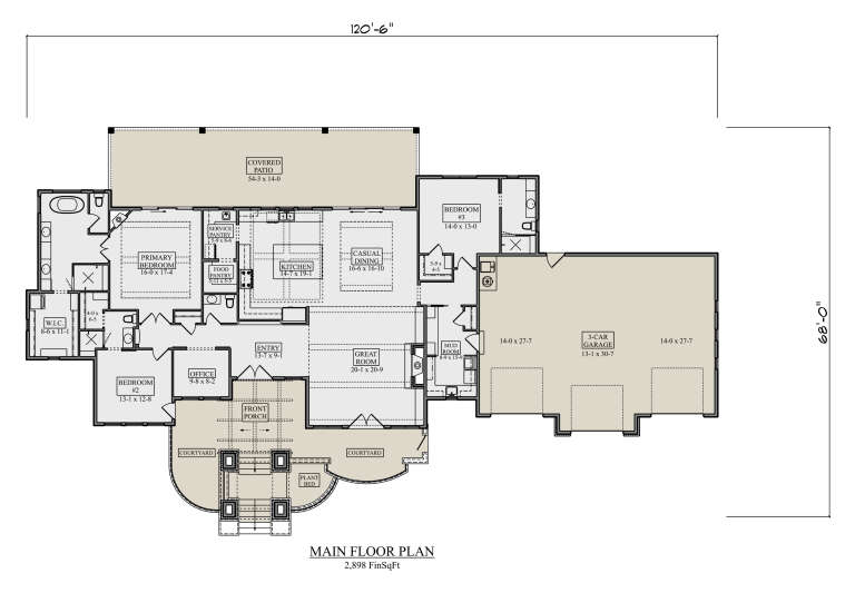Main Floor: 3BR, 3.5BA, Kitchen, Great Room, Office, Dining, Mud, Pantry, 3-car garage, Covered Patio, Porch, Courtyard. House Plan # 5631-00354 Main Floor Floor Plan Drawing by America's Best House Plans, Inc.