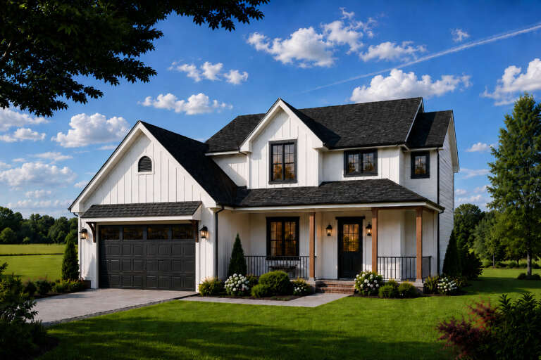 White Modern Farmhouse, Angled Front Elevation, board-and-batten siding, black accents, wood posts, lush landscaping. House Plan # 402-01930 Digital Rendering by America's Best House Plans, Inc.