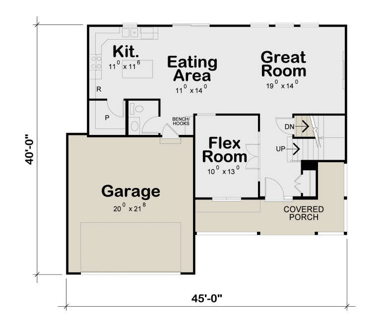 Main Floor: Flex Room, Kitchen, Eating Area, Great Room, 1/2 BA, Pantry, 2-car garage, stairs, covered porch. Unheated: garage. House Plan # 402-01930 Main Floor Floor Plan Drawing by America's Best House Plans, Inc.