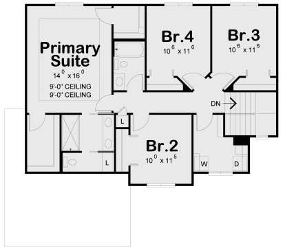 Second Floor: 4BR, 2BA, Ldry, stairs, Primary Suite with 9' ceilings, WIC, dual vanity bath. House Plan # 402-01930 Second Floor Floor Plan Drawing by America's Best House Plans, Inc.