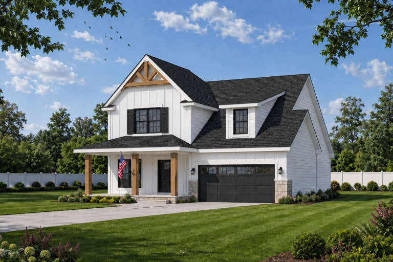 White Modern Farmhouse, Angled Front Elevation, board-and-batten siding, wood posts, black garage, stone base, lawn. House Plan # 402-01931 Digital Rendering by America's Best House Plans, Inc.