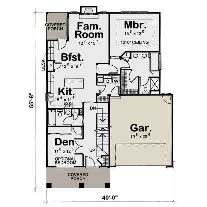 Main Floor: 1BR, 2BA, Den/Opt BR, Fam Room, Kit, Brkfst, Ldry, 2-car Gar, 2 Covered Porches, Stairs, 10' Mbr ceiling. House Plan # 402-01931 Main Floor Floor Plan Drawing by America's Best House Plans, Inc.