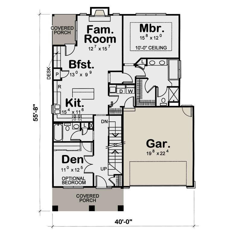 Main Floor: 1BR, 2BA, Den/Opt BR, Fam Room, Kit, Brkfst, Ldry, 2-car Gar, 2 Covered Porches, Stairs, 10' Mbr ceiling. House Plan # 402-01931 Main Floor Floor Plan Drawing by America's Best House Plans, Inc.