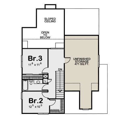 Second Floor: 2BR, 1BA, stairs, open to below, sloped ceiling. Unheated: 471 sq.ft. unfinished storage area. House Plan # 402-01931 Second Floor Floor Plan Drawing by America's Best House Plans, Inc.