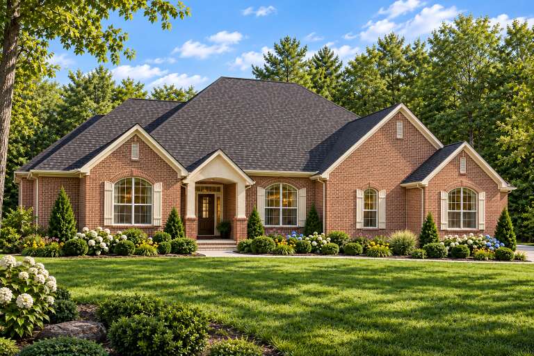 Red brick Traditional, Angled Front Elevation, arched windows, cream shutters, dark roof, lush landscaping, green lawn. House Plan # 8768-00238 Digital Rendering by America's Best House Plans, Inc.