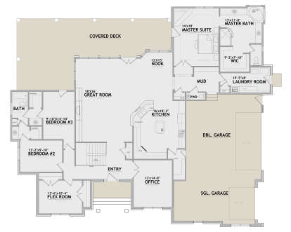 Main Floor: 3BR, 2.5BA, Great Room, Kitchen, Nook, Office, Flex, Ldry, Mud, 3-car garage, Covered Deck, Fireplace, Tray Ceiling. House Plan # 8768-00238 Main Floor Floor Plan Drawing by America's Best House Plans, Inc.
