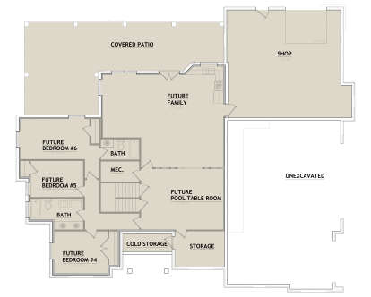Basement: 3 Future BR, 2 BA, Family, Pool Table Room, Shop, Cold Storage, Storage, Stairs, Covered Patio. 9' ceilings. House Plan # 8768-00238 Basement Floor Plan Drawing by America's Best House Plans, Inc.