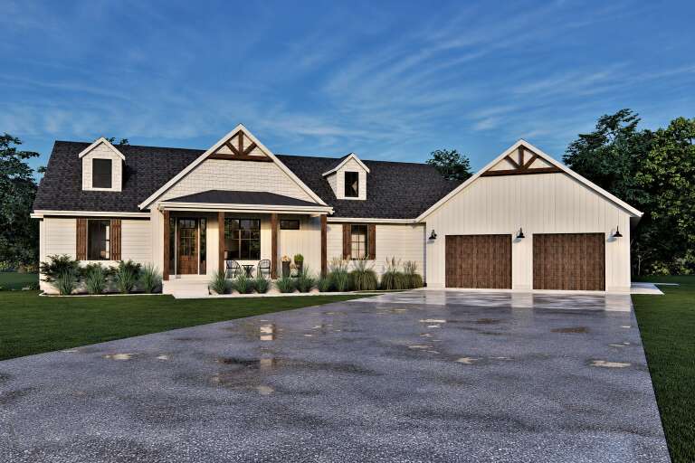 White Modern Farmhouse, Front Elevation, board-and-batten siding, wood accents, barn lights, and lush landscaping. House Plan # 7140-00028 Digital Rendering by America's Best House Plans, Inc.