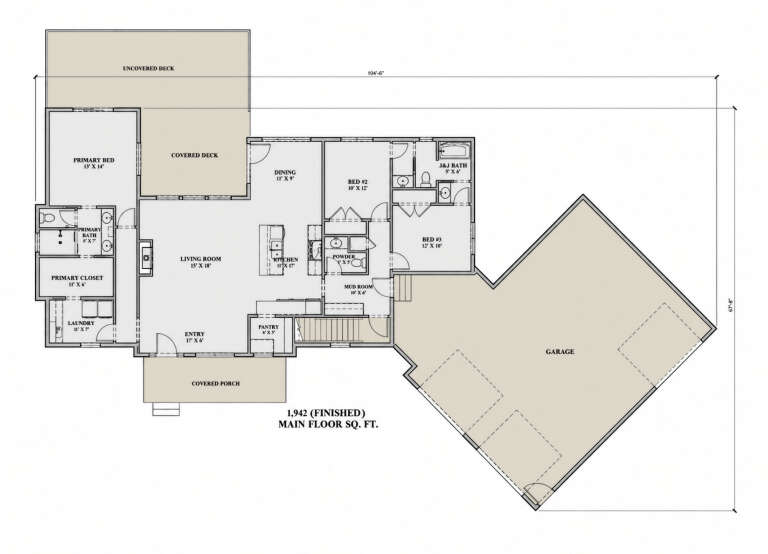 Main Floor: 3BR, 2.5BA, Living, Kitchen, Dining, Pantry, Mud, Ldry, WIC, 3-car garage, stairs, covered porch, deck. House Plan # 7140-00028 Main Floor  Floor Plan Drawing by America's Best House Plans, Inc.