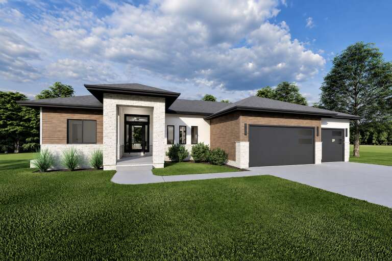 White Contemporary, Angled Front Elevation, stone and wood siding, concrete path, dark garage doors, lush landscaping. House Plan # 7140-00029 Digital Rendering by America's Best House Plans, Inc.