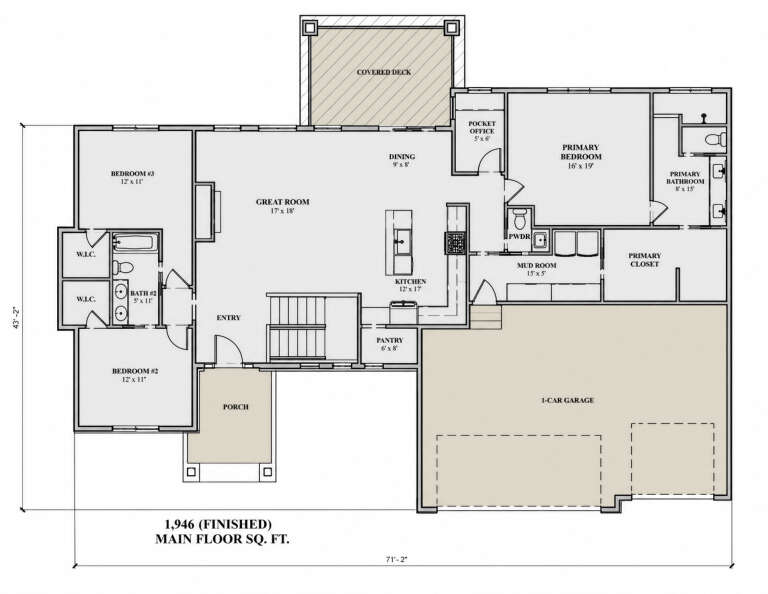 Main Floor: 3BR, 2.5BA, Great Room, Kitchen, Dining, Office, Pantry, Mud Room, 1-car garage, 2 WICs, Porch, Covered Deck. House Plan # 7140-00029 Main Floor  Floor Plan Drawing by America's Best House Plans, Inc.