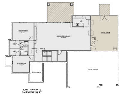 Basement: 2BR, 1BA, Rec Room, Bar, Utility Room, 2 WIC, stairs, patio. Unheated: Utility, unexcavated areas. 1,410 sq ft. House Plan # 7140-00029 Basement Floor Plan Drawing by America's Best House Plans, Inc.