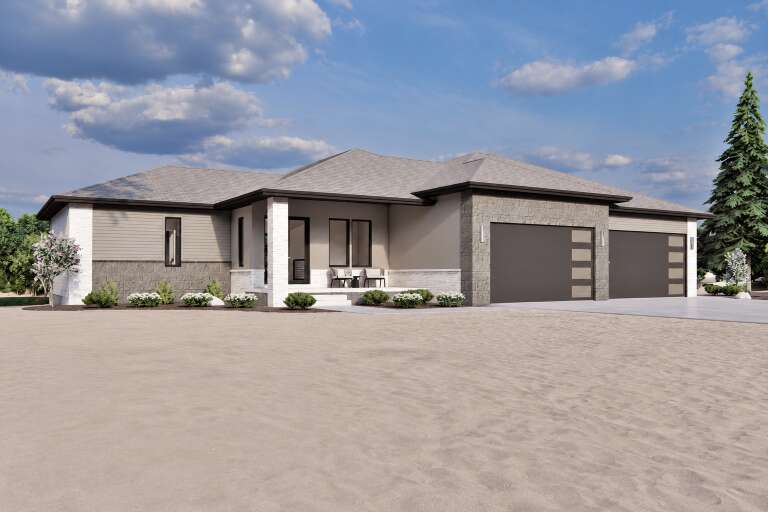 Grey Contemporary, Angled Front Elevation, mixed stone and siding, dual modern garage doors, porch seating, landscaping. House Plan # 7140-00030 Digital Rendering by America's Best House Plans, Inc.