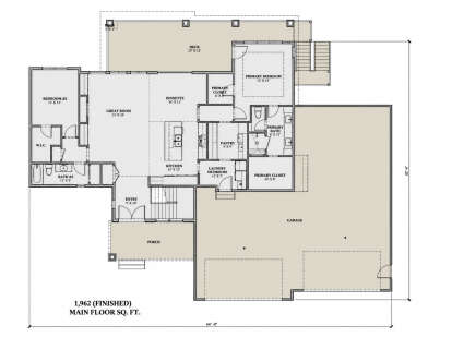 Main Floor: 2BR, 2BA, Great Room, Kitchen, Dinette, Pantry, Ldry/Mud, WIC, Garage, Porch, Deck, Stairs. Unheated: Garage/Deck. House Plan # 7140-00030 Main Floor  Floor Plan Drawing by America's Best House Plans, Inc.
